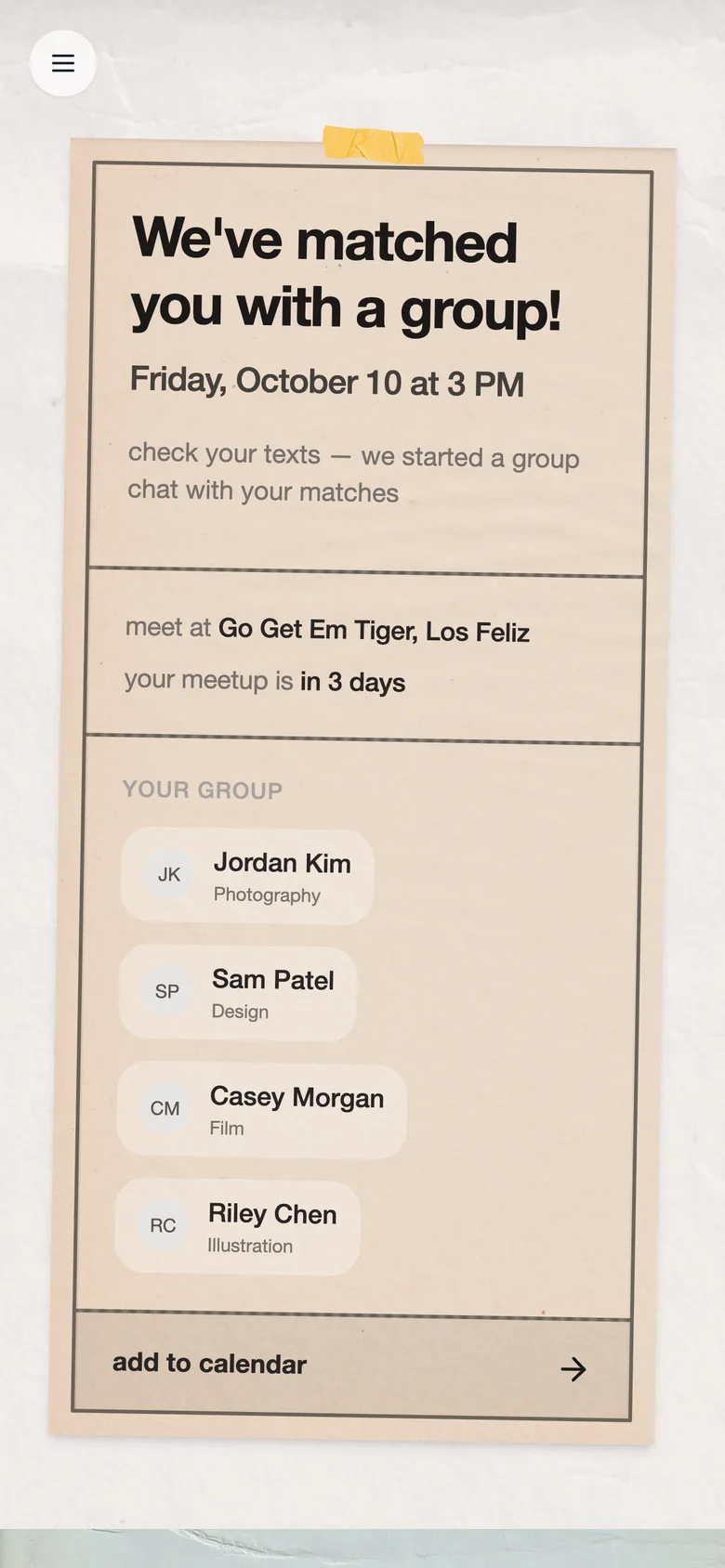 The member dashboard: your coffee group for the week, the cafe, and who you are meeting, with the onboarding checklist below